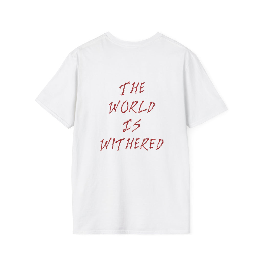 The World Is Withered T-Shirt - Minimal Chest Logo, Gothic Script Back Print