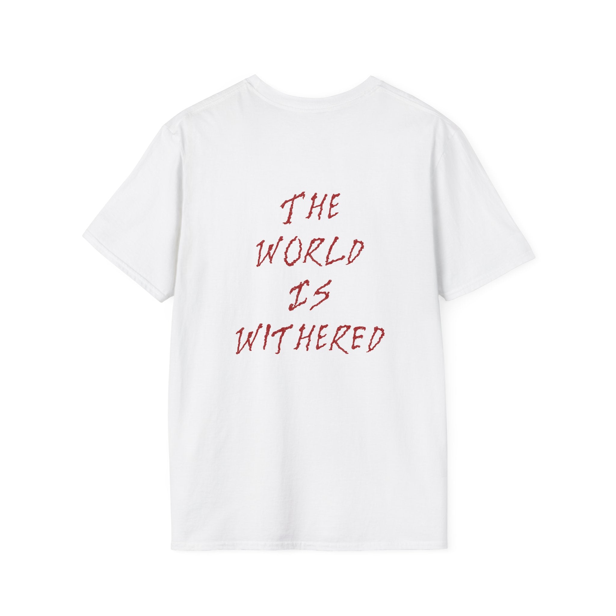 The World Is Withered T-Shirt - Minimal Chest Logo, Gothic Script Back Print